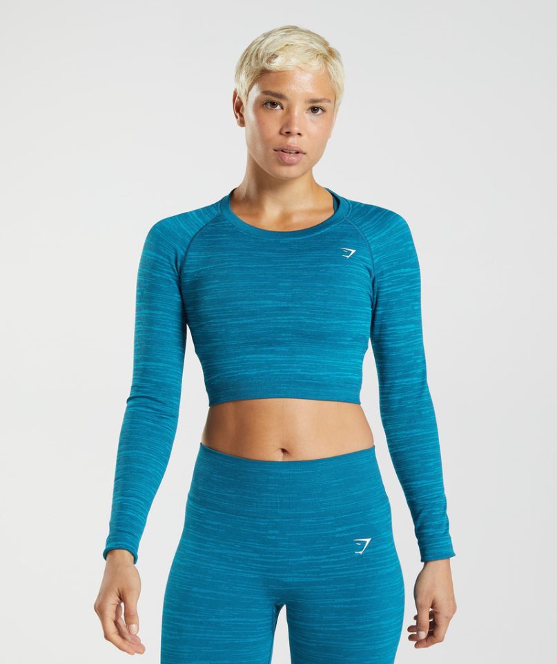 Women\'s Gymshark Adapt Marl Seamless Long Sleeve Cropped Tops Turquoise | CA 5ND071